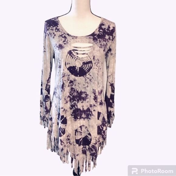 Tie Dye Designs Fringe Hem Asymmetrical Long Sleeve Dress w Cut-Out Scoop Neck - Picture 1 of 8